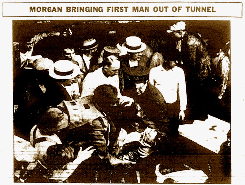 A black-and-white news clip shows&nbsp;Garrett A. Morgan rescuing a man at the 1917 Lake Erie Crib Disaster. 