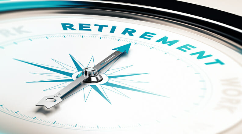 A compass with an arrow pointing to the word Retirement