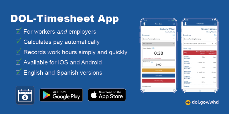 Updated: DOL-Timesheet app. For workers and employers. Calculates pay automatically. Records work hours simply and quickly. Available for iOS and Android.