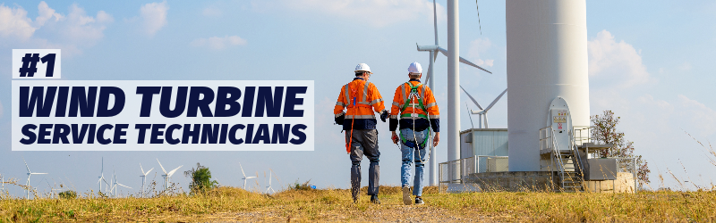 Photo of two workers wearing fall protection walking wind turbines in a field.