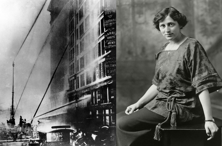 Collage with black and white photos: On the left, fire engines attempt to extinguish the Triangle Shirtwaist Factory fire. On the right, Crystal Eastman poses for a photo
