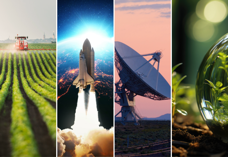 A collage shows a harvester in a field, a rocket far above the earth, a satellite, and a close-up of green shoots, seen through a bead of dew.