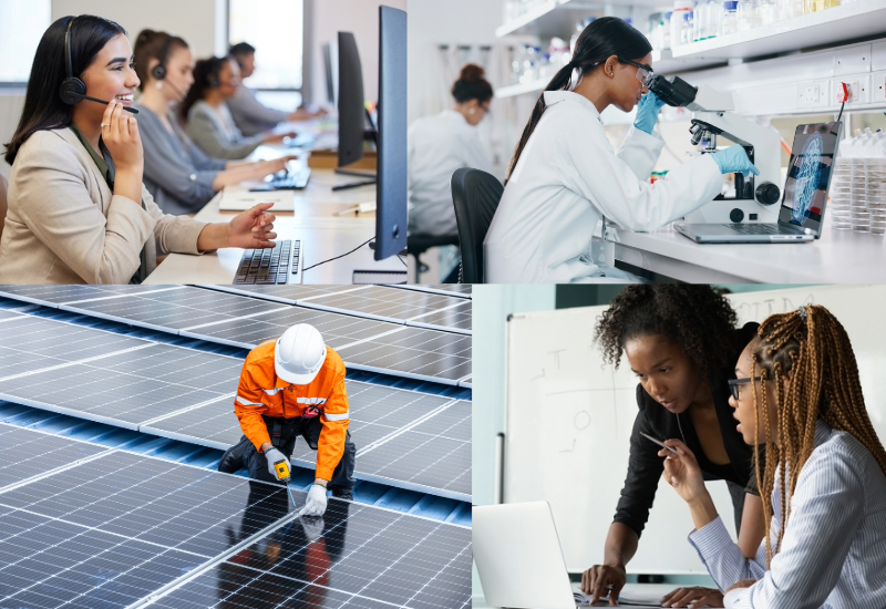 A collage shows call center workers, office workers, lab technicians and a solar panel installer.