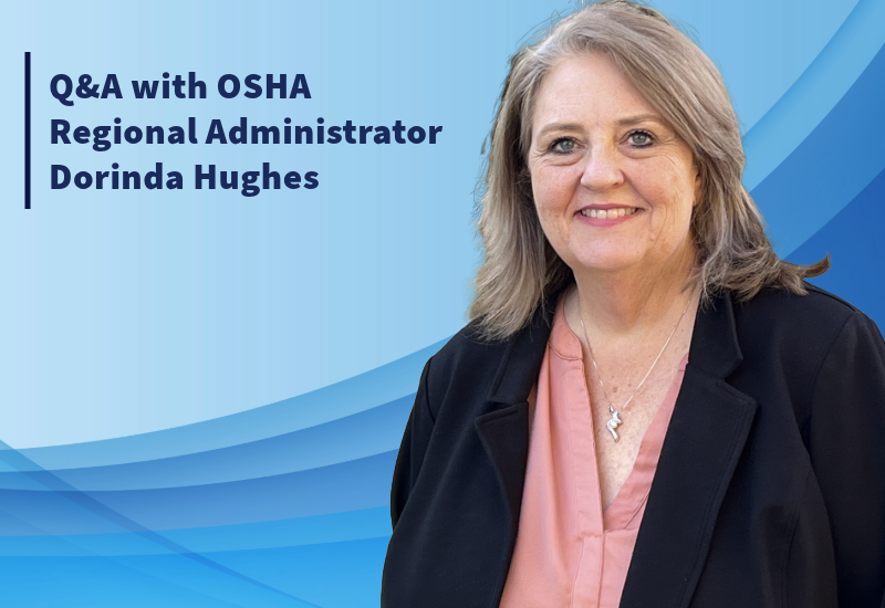 Dorinda Hughes, wearing a dark blue blazer, and the text "Q&A with OSHA Regional Administrator Dorinda Hughes"
